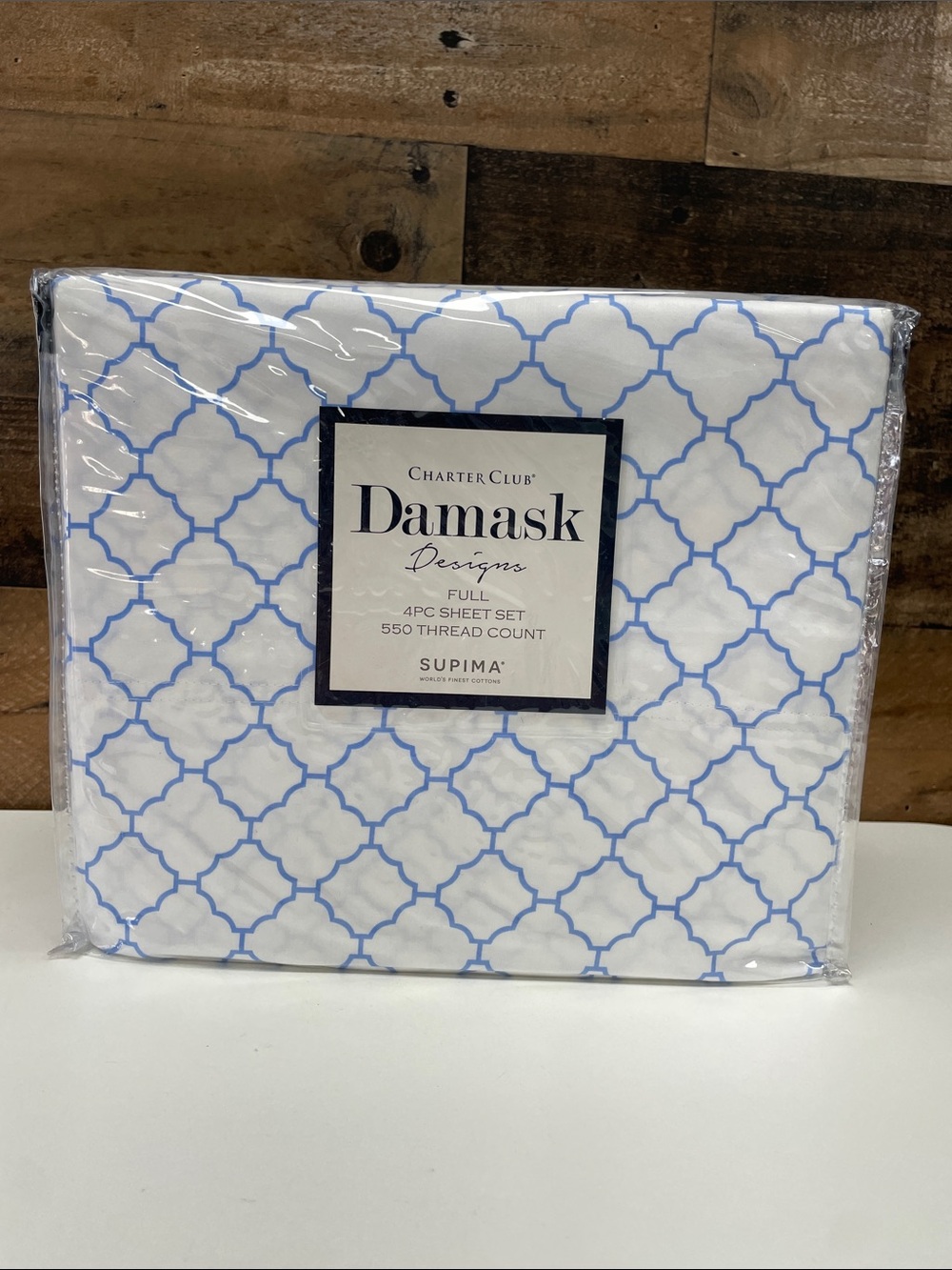 Charter Club White and Light Blue Damask Designs Full Sheet Set